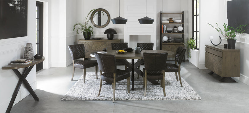Image of the Landon Fumed Oak Dining Chairs Saddle Faux Leather with dark oak frame styled with NCF's Dining Furniture.
