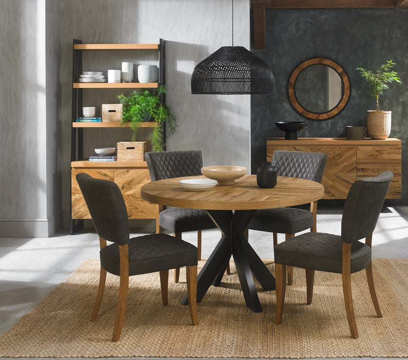 Image of the Landon Rustic Oak Dining Chairs with lightly oiled oak frame and dark grey fabric seat styled with NCF's Dining Furniture.