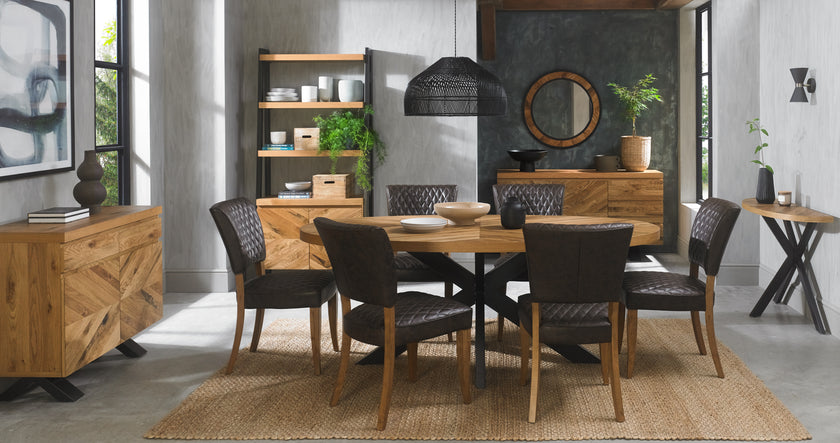 Landon Rustic Oak Dining Chairs with lightly oiled oak frame and saddle brown faux leather seat.