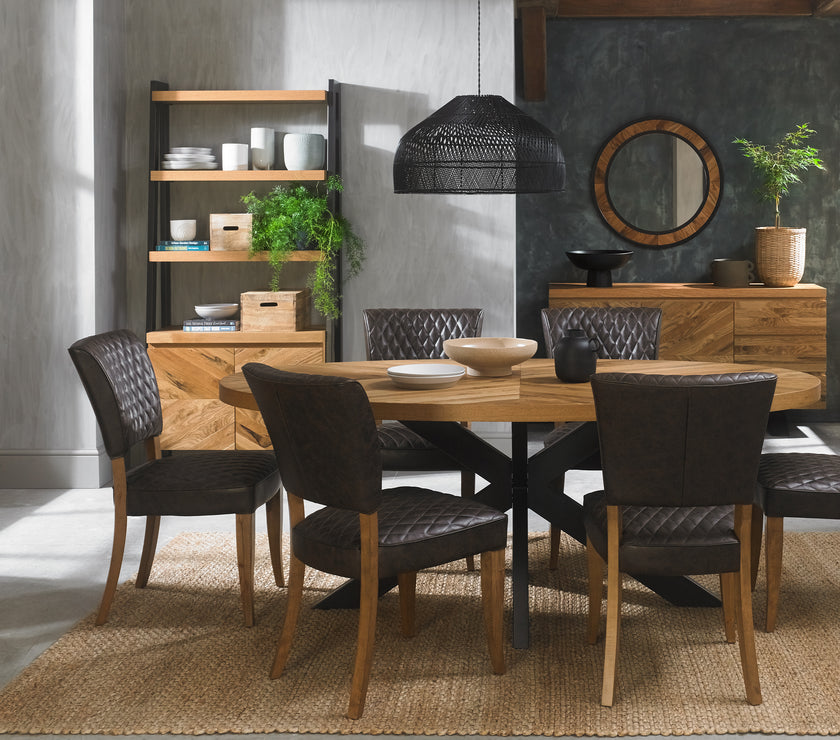 Landon Rustic Oak Dining Chairs with lightly oiled oak frame and saddle brown faux leather seat.