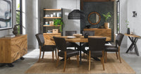 Landon Rustic Oak Dining Chairs with lightly oiled oak frame and saddle brown faux leather seat.