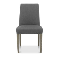 Front view of the Marilyn Fabric Dining Chairs with slate grey upholstery and silver grey tapered legs.