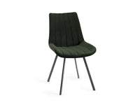 Front and angled image of the Savio Dining Chairs in green velvet with vertical stitching and metal legs.