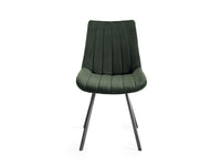 Front image of the Savio Dining Chairs in green velvet with vertical stitching and metal legs.