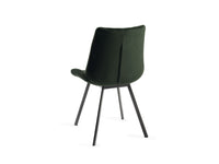 Angled and back view of the Savio Dining Chairs in green velvet with vertical stitching and metal legs.