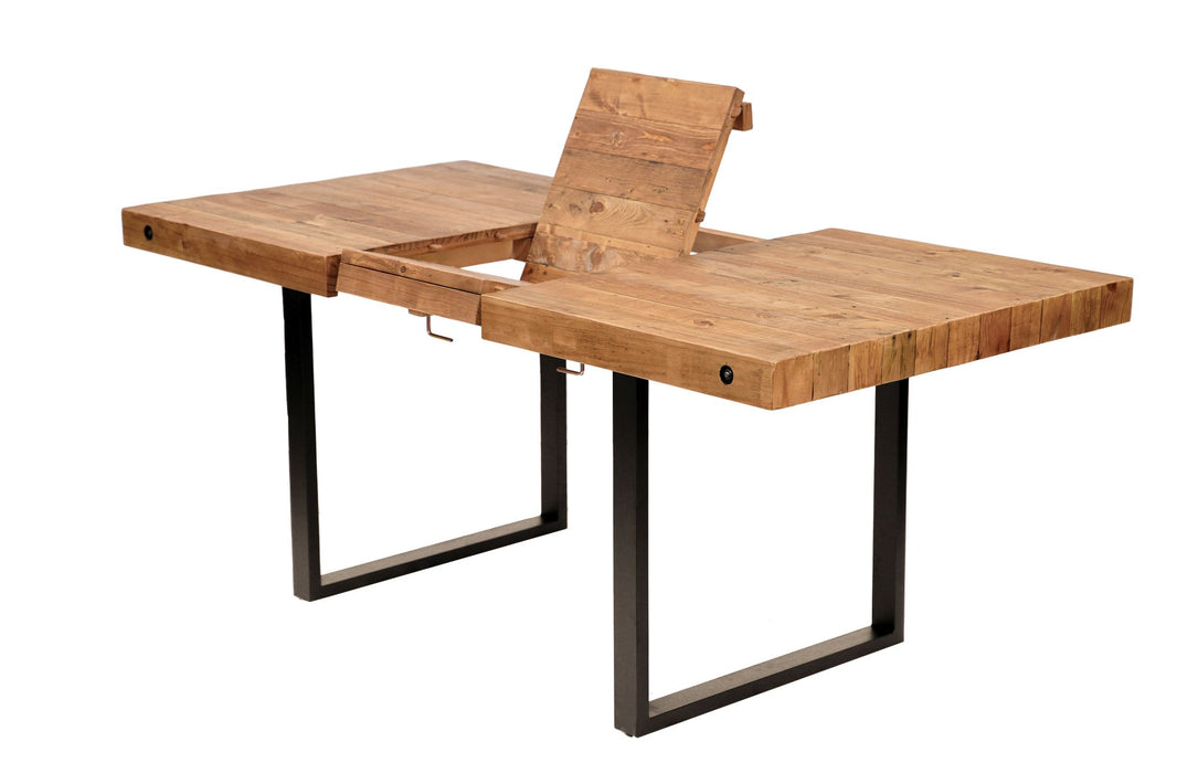 Angled view of NCF's oregon extendable dining table. This isn't just a dining table but a reclaimed wood dining table. 