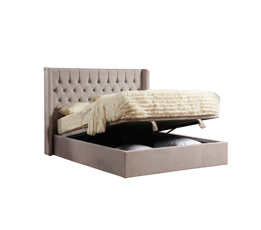 Angled view of the storage space of the Faro Ottoman Bed Frame against a white background