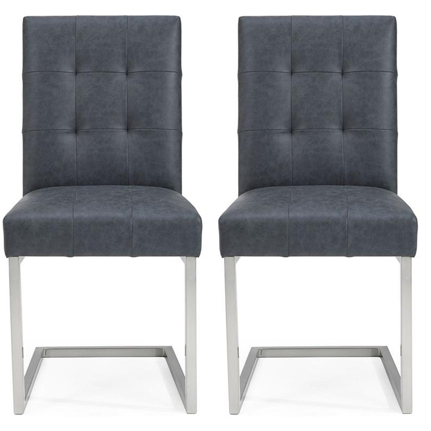 Front view of the Toulouse Cantilever Faux Leather Dining Chairs with dark oiled oak, black oak accents, and satin nickel frame.