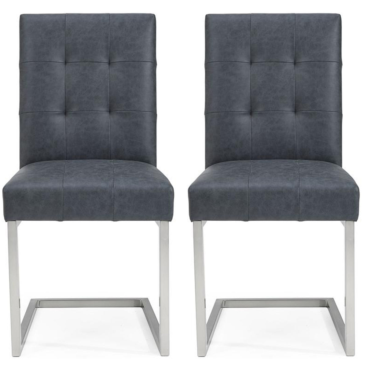 Front view of the Toulouse Cantilever Faux Leather Dining Chairs with dark oiled oak, black oak accents, and satin nickel frame.