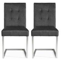 Front view of the Toulouse Velvet Dining Chairs with gunmetal fabric, chrome cantilever frame, and quilted button detailing.