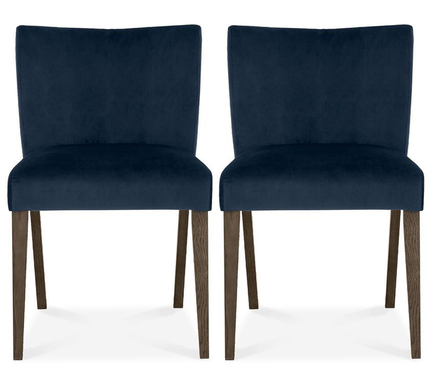 Front view of the Turner Dark Oak Dining Chairs with foam cushion, fabric upholstery, and tapered dark oak legs.